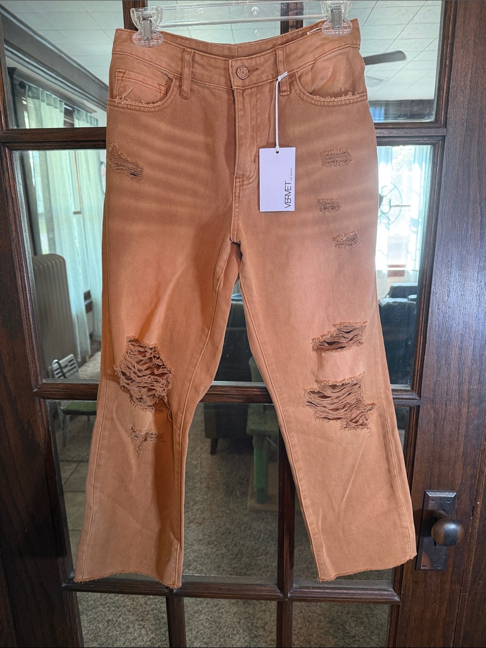 Vervet by Flying Monkey Autumn Leaves Distressed Cropped Jeans Brown Size 27